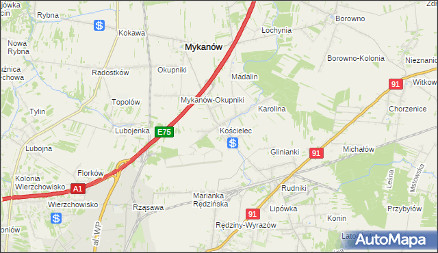 mapa Kościelec gmina Rędziny, Kościelec gmina Rędziny na mapie Targeo