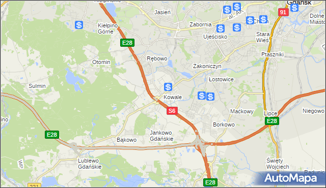 mapa Kowale gmina Kolbudy, Kowale gmina Kolbudy na mapie Targeo