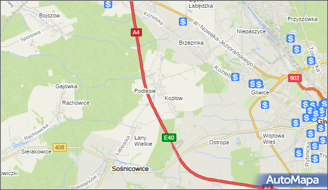 mapa Kozłów gmina Sośnicowice, Kozłów gmina Sośnicowice na mapie Targeo