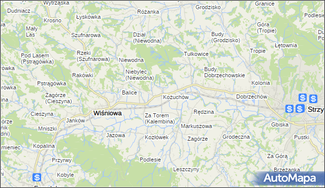 mapa Kożuchów gmina Wiśniowa, Kożuchów gmina Wiśniowa na mapie Targeo