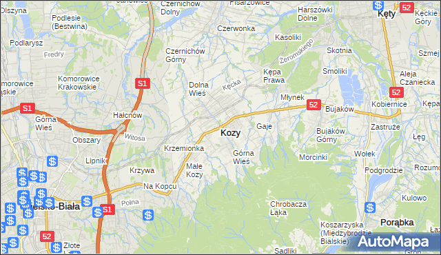 mapa Kozy powiat bielski, Kozy powiat bielski na mapie Targeo