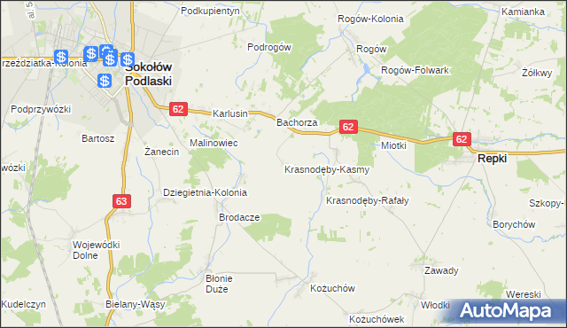 mapa Krasnodęby-Kasmy, Krasnodęby-Kasmy na mapie Targeo