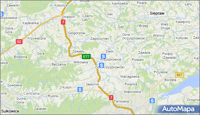 mapa Krzyszkowice gmina Myślenice, Krzyszkowice gmina Myślenice na mapie Targeo
