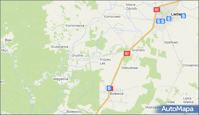 mapa Krzywy Las gmina Lwówek, Krzywy Las gmina Lwówek na mapie Targeo