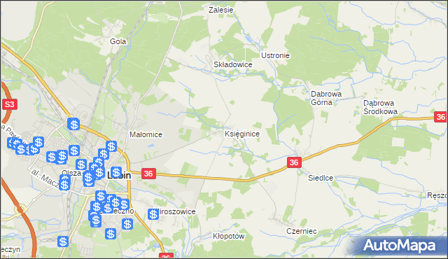 mapa Księginice gmina Lubin, Księginice gmina Lubin na mapie Targeo