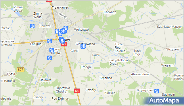 mapa Łazy gmina Łuków, Łazy gmina Łuków na mapie Targeo