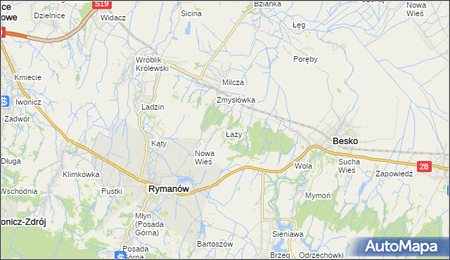 mapa Łazy gmina Rymanów, Łazy gmina Rymanów na mapie Targeo