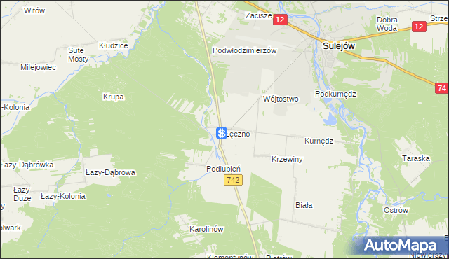 mapa Łęczno gmina Sulejów, Łęczno gmina Sulejów na mapie Targeo