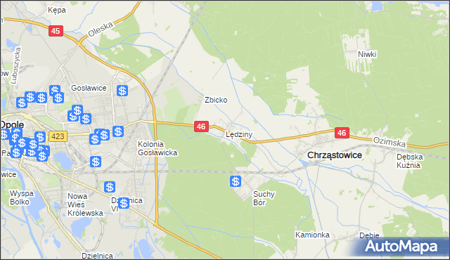 mapa Lędziny gmina Chrząstowice, Lędziny gmina Chrząstowice na mapie Targeo