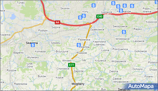 mapa Libertów gmina Mogilany, Libertów gmina Mogilany na mapie Targeo