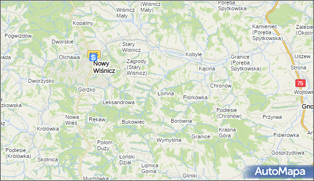 mapa Łomna gmina Nowy Wiśnicz, Łomna gmina Nowy Wiśnicz na mapie Targeo