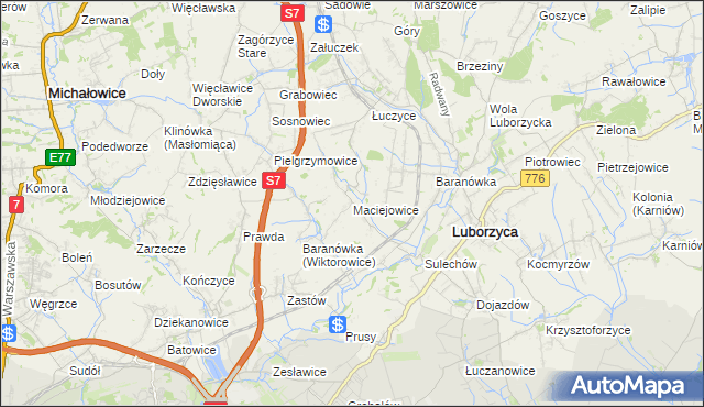 mapa Maciejowice gmina Kocmyrzów-Luborzyca, Maciejowice gmina Kocmyrzów-Luborzyca na mapie Targeo
