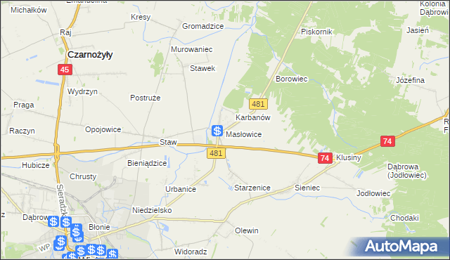 mapa Masłowice gmina Wieluń, Masłowice gmina Wieluń na mapie Targeo