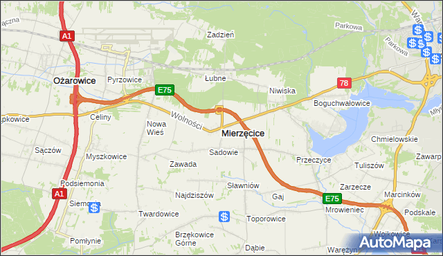 mapa Mierzęcice, Mierzęcice na mapie Targeo