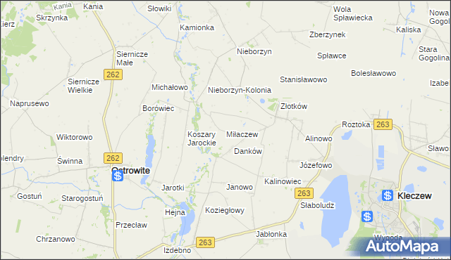 mapa Miłaczew gmina Kleczew, Miłaczew gmina Kleczew na mapie Targeo