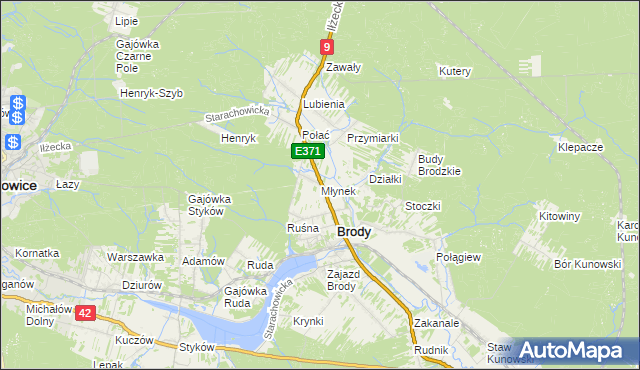 mapa Młynek gmina Brody, Młynek gmina Brody na mapie Targeo