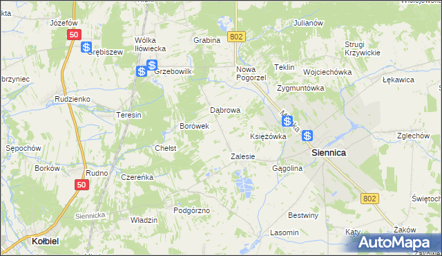 mapa Nowe Zalesie gmina Siennica, Nowe Zalesie gmina Siennica na mapie Targeo