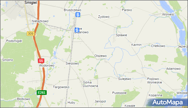 mapa Olszewo gmina Śmigiel, Olszewo gmina Śmigiel na mapie Targeo