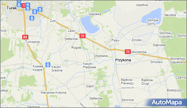 mapa Olszówka gmina Przykona, Olszówka gmina Przykona na mapie Targeo