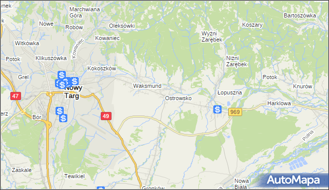 mapa Ostrowsko gmina Nowy Targ, Ostrowsko gmina Nowy Targ na mapie Targeo