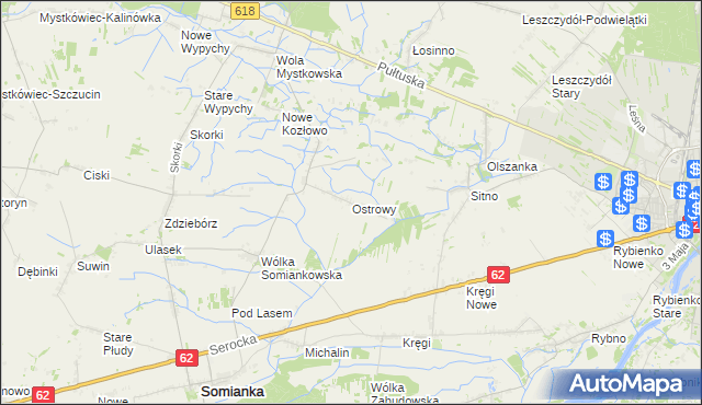 mapa Ostrowy gmina Somianka, Ostrowy gmina Somianka na mapie Targeo