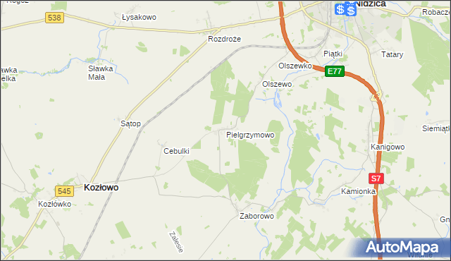 mapa Pielgrzymowo gmina Kozłowo, Pielgrzymowo gmina Kozłowo na mapie Targeo