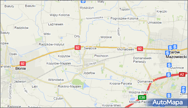 mapa Płochocin gmina Ożarów Mazowiecki, Płochocin gmina Ożarów Mazowiecki na mapie Targeo