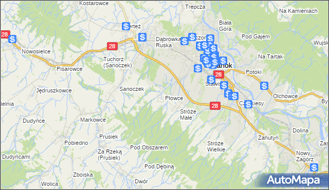 mapa Płowce gmina Sanok, Płowce gmina Sanok na mapie Targeo