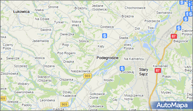 mapa Podegrodzie powiat nowosądecki, Podegrodzie powiat nowosądecki na mapie Targeo