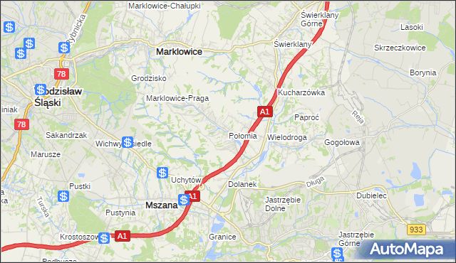 mapa Połomia gmina Mszana, Połomia gmina Mszana na mapie Targeo