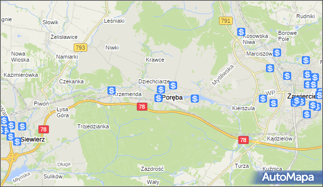 mapa Poręba powiat zawierciański, Poręba powiat zawierciański na mapie Targeo