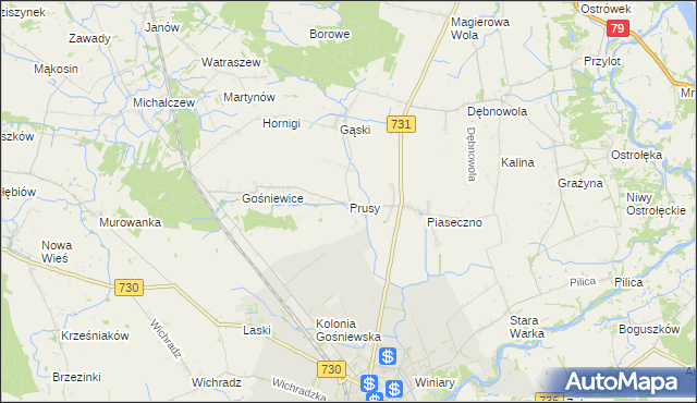 mapa Prusy gmina Warka, Prusy gmina Warka na mapie Targeo