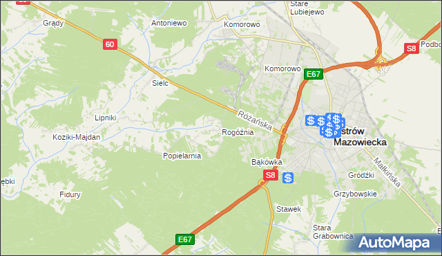 mapa Rogóźnia gmina Ostrów Mazowiecka, Rogóźnia gmina Ostrów Mazowiecka na mapie Targeo