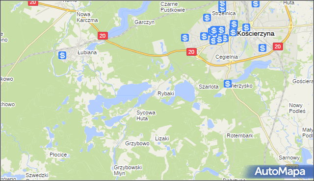 mapa Rybaki gmina Kościerzyna, Rybaki gmina Kościerzyna na mapie Targeo