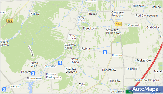 mapa Rybna gmina Mykanów, Rybna gmina Mykanów na mapie Targeo