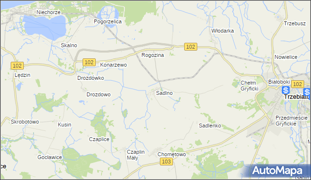 mapa Sadlno gmina Trzebiatów, Sadlno gmina Trzebiatów na mapie Targeo