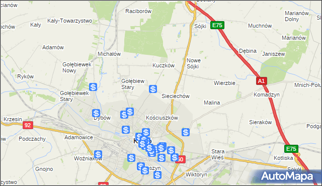 mapa Sieciechów gmina Kutno, Sieciechów gmina Kutno na mapie Targeo