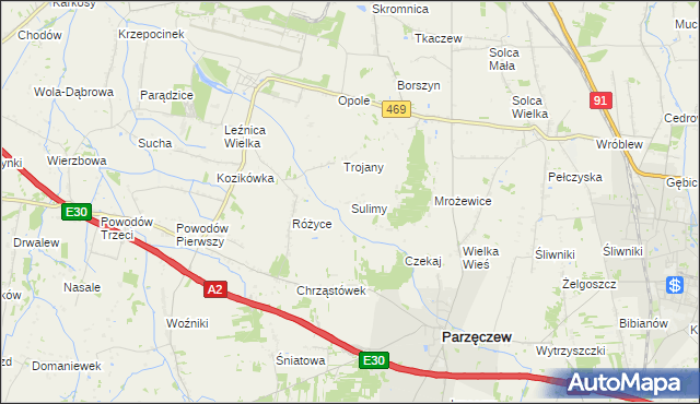 mapa Sulimy gmina Parzęczew, Sulimy gmina Parzęczew na mapie Targeo