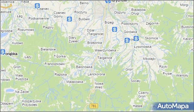 mapa Targanice, Targanice na mapie Targeo