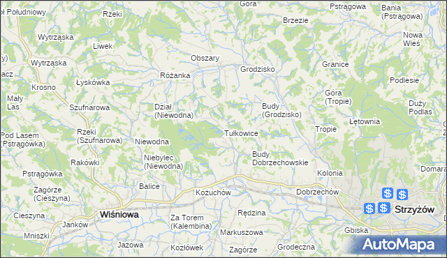 mapa Tułkowice gmina Wiśniowa, Tułkowice gmina Wiśniowa na mapie Targeo