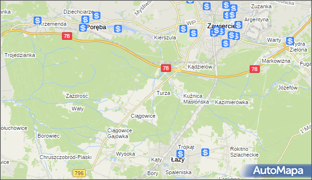 mapa Turza gmina Łazy, Turza gmina Łazy na mapie Targeo