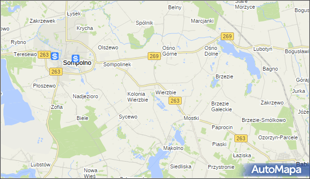 mapa Wierzbie gmina Sompolno, Wierzbie gmina Sompolno na mapie Targeo