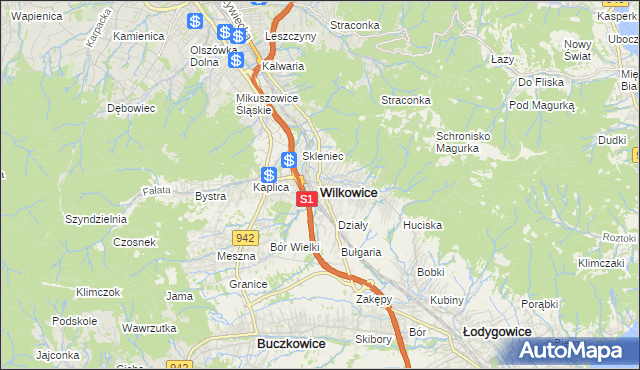 mapa Wilkowice powiat bielski, Wilkowice powiat bielski na mapie Targeo