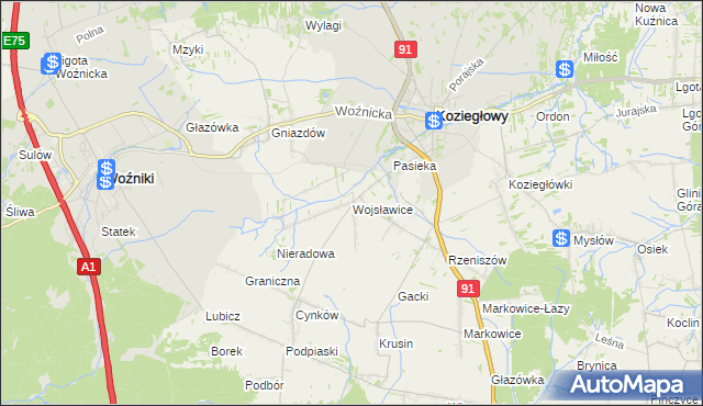 mapa Wojsławice gmina Koziegłowy, Wojsławice gmina Koziegłowy na mapie Targeo