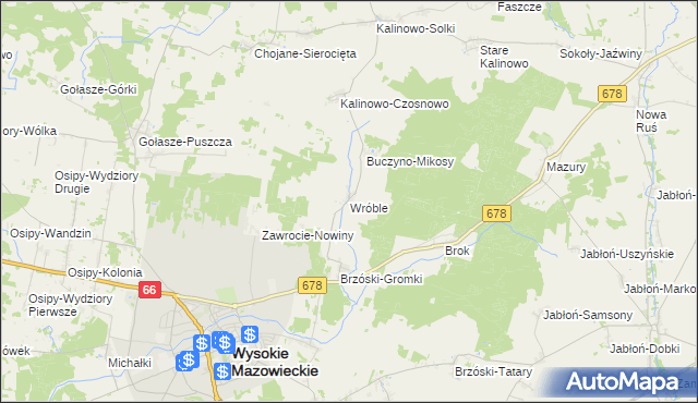 mapa Wróble gmina Wysokie Mazowieckie, Wróble gmina Wysokie Mazowieckie na mapie Targeo