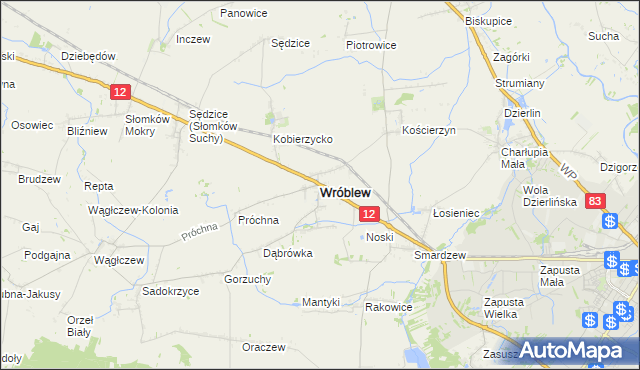 mapa Wróblew powiat sieradzki, Wróblew powiat sieradzki na mapie Targeo