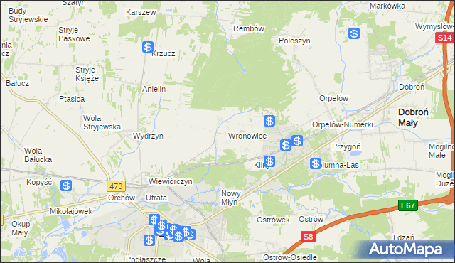 mapa Wronowice gmina Łask, Wronowice gmina Łask na mapie Targeo