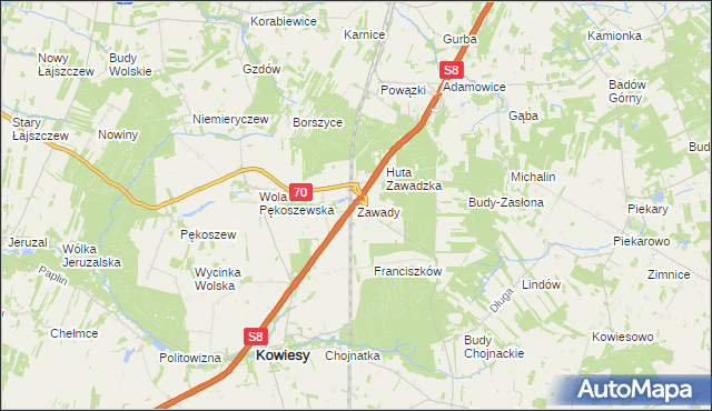 mapa Zawady gmina Kowiesy, Zawady gmina Kowiesy na mapie Targeo