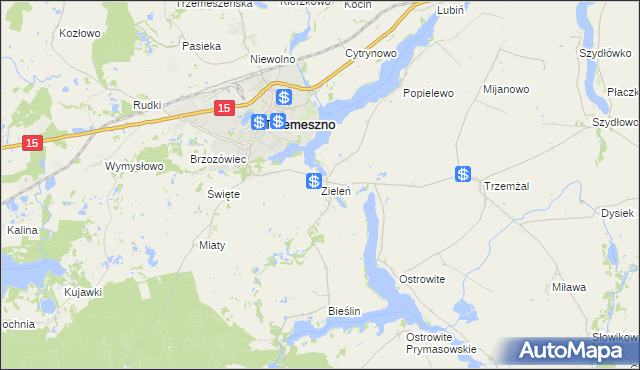 mapa Zieleń gmina Trzemeszno, Zieleń gmina Trzemeszno na mapie Targeo