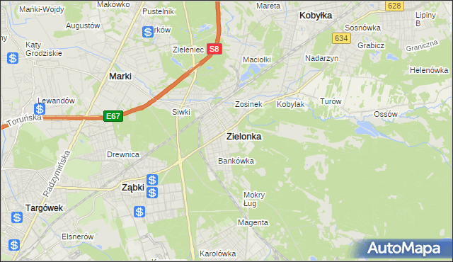 mapa Zielonka powiat wołomiński, Zielonka powiat wołomiński na mapie Targeo
